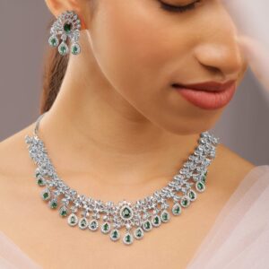 Rhodium-Plated Emerald Green & White Cubic Zirconia Studded Chandelier Necklace Set - Green