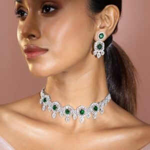 Rhodium-Plated Emerald Green & White Cubic Zirconia Studded Choker Jewellery Set for Women