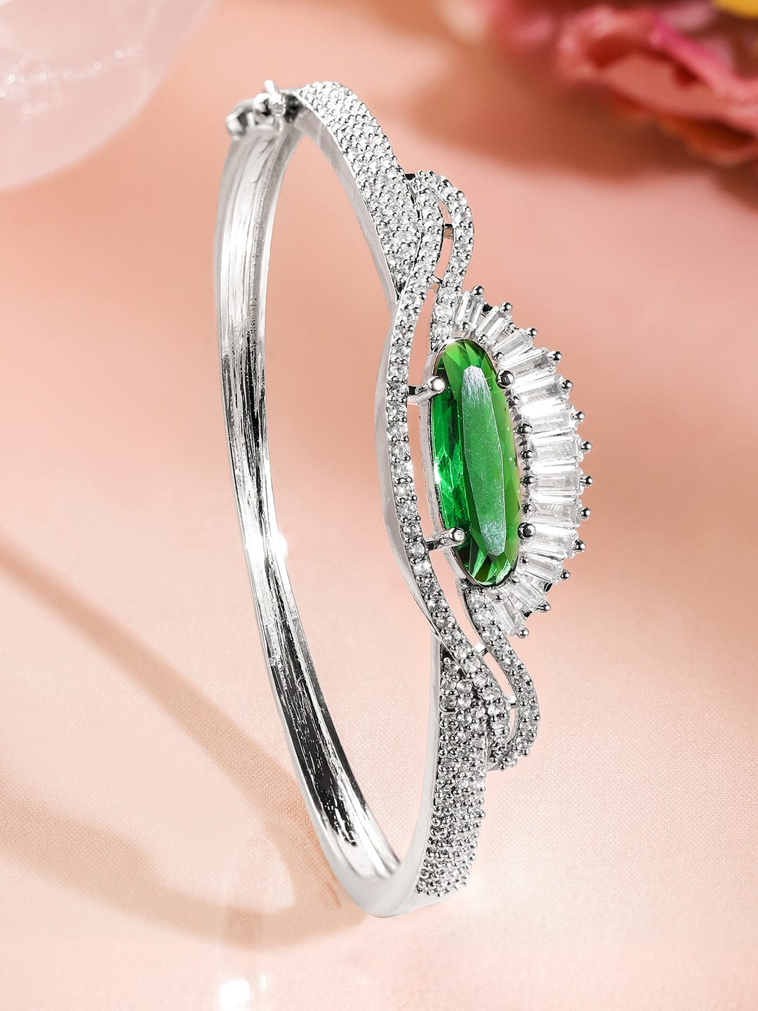 Rhodium-Plated Emerald Green & White Cubic Zirconia Studded Designer Bracelet