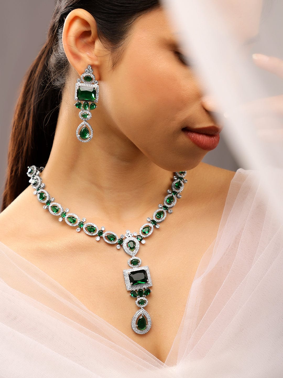 Rhodium-Plated Emerald Green & White Cubic Zirconia Studded Luxe Jewellery Set - Green