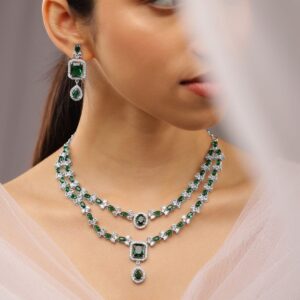 Rhodium-Plated Emerald Green & White Cubic Zirconia Studded Luxe Layer Necklace Set - Green