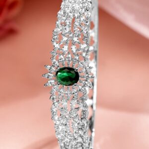 Rhodium-Plated Emerald Green & White Cubic Zirconia Studded Openable Bracelet - Silver::Green