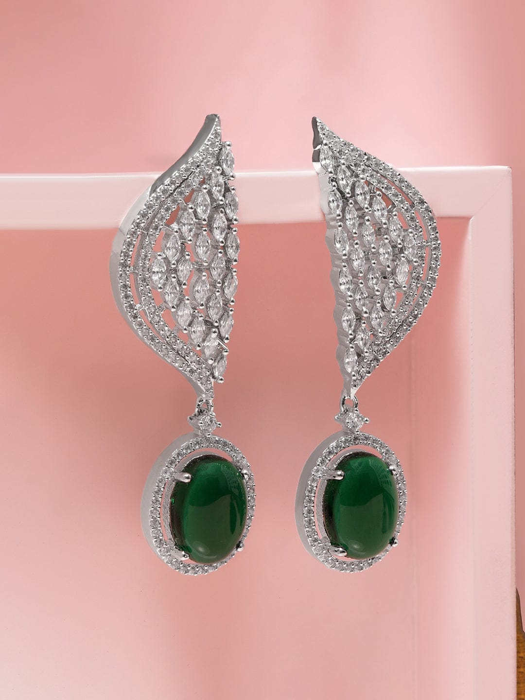 Rhodium-Plated Emerald Green & White Cubic Zirconia Studded Premium Drop Earrings