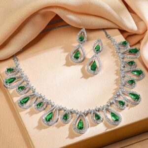 Rhodium Plated Emerald Green & White Cubic Zirconia Studded Teardrop Design Premium Jewellery Set - Emerald