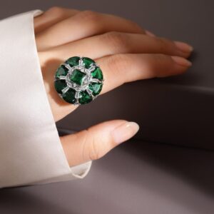 Rhodium-Plated Emerald Green & White CubicZirconia Studded Adjustable Cocktail Ring - Green