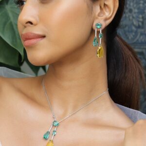 Rhodium-Plated Emerald Green & Yellow Crystal Cubic Zirconia Studded Luxurious Pendent Necklace Set