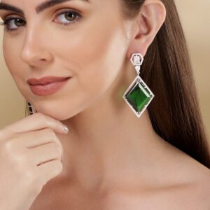 Rhodium Plated Emerald Green Zirconia Dangle Earrings - Green::Silver