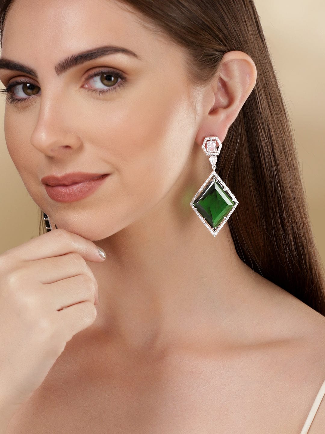 Rhodium Plated Emerald Green Zirconia Dangle Earrings - Green::Silver