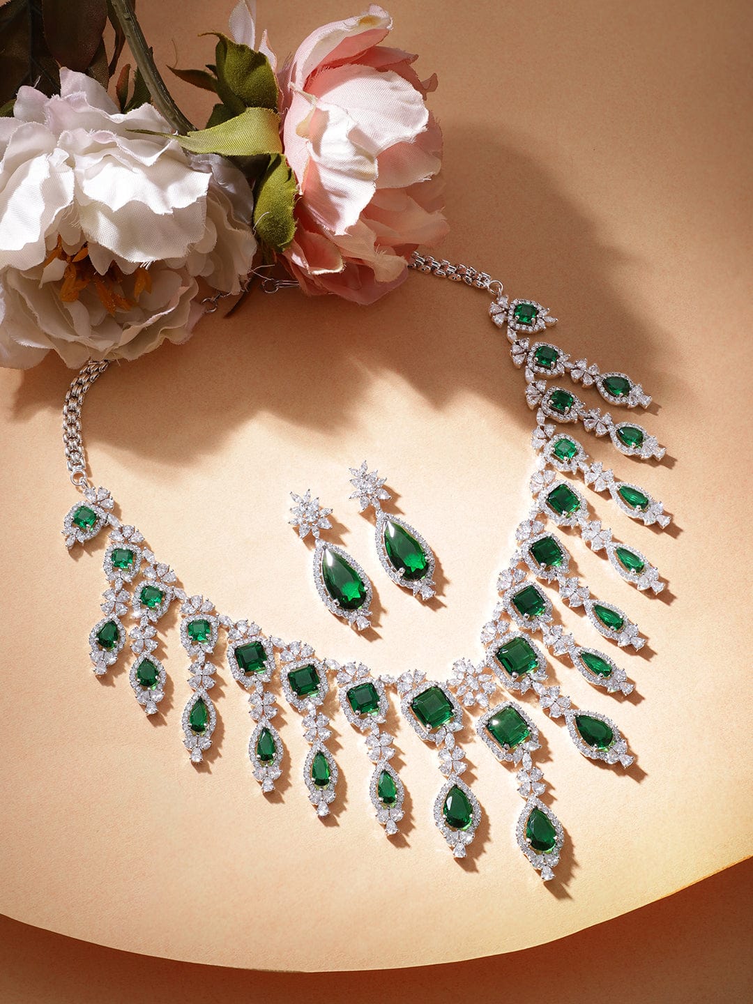 Rhodium Plated Emerald Green Zirconia Statement Jewellery Set - SIlver::Green