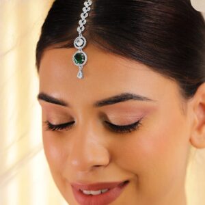 Rhodium Plated Emerald & White Cubic Zirconia Maang Tikka - Green