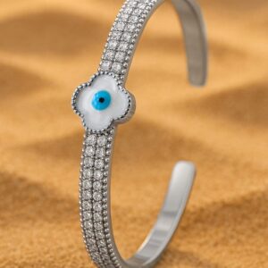 Rhodium-Plated Evil Eye Cuff Bracelet with Cubic Zirconia Detailing - Silver