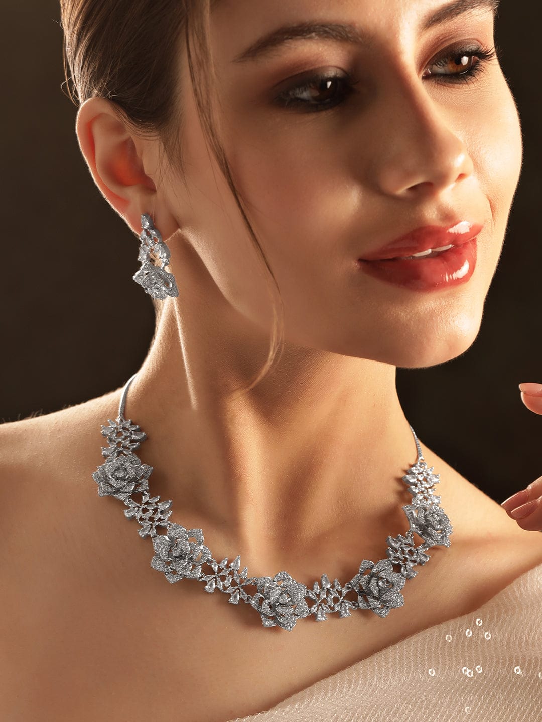 Rhodium plated Floral motif pave AD Studded Necklace set - Silver