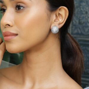 Rhodium-Plated Fully Cubic Zirconia-Studded Dome-Shaped Statement Stud Earrings - Silver