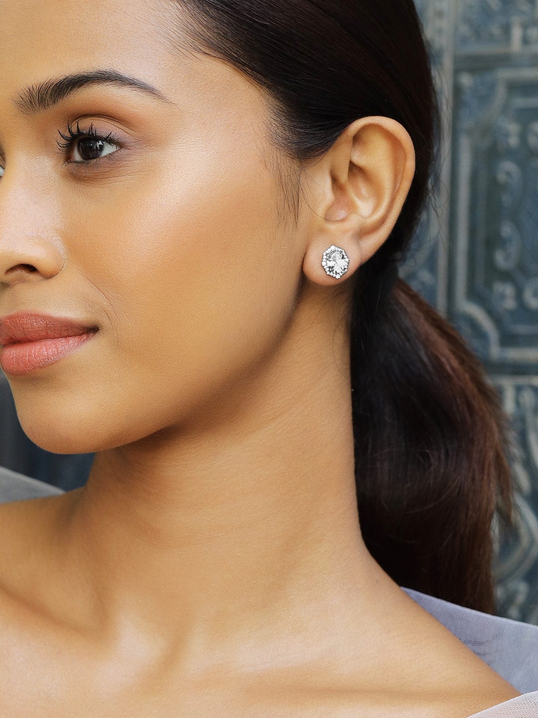 Rhodium-Plated Geometric Oval Cubic Zirconia Studded Statement Stud Earrings