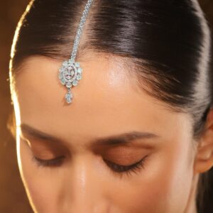 Rhodium Plated Green & White Cubic Zirconia Maang Tikka - Green