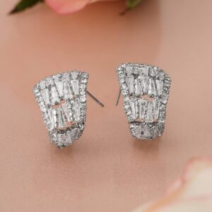 Rhodium-Plated Half Hoop Earrings with Baguette & Round Cubic Zirconia Studs