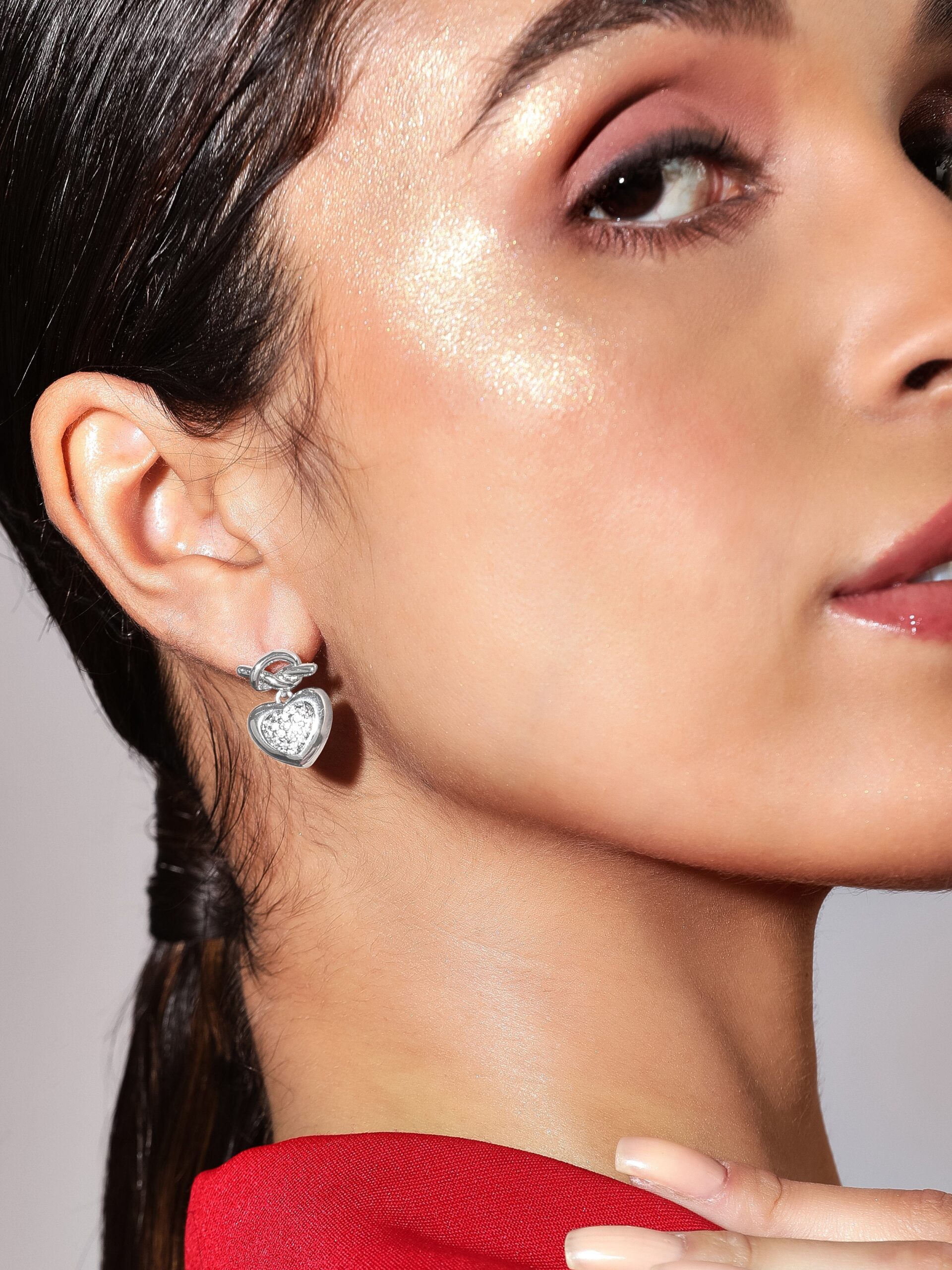 Rhodium Plated Heart Knot Design Cubic Zirconia Studded Drop Earrings - Silver