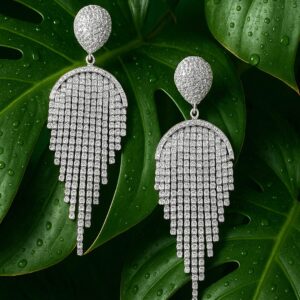 Rhodium Plated Heart Shape & Zirconia Studded Multilayered Shoulder Duster Earrings