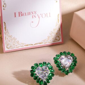 Rhodium-Plated Heart Stud Earrings with Emerald Accents - Silver