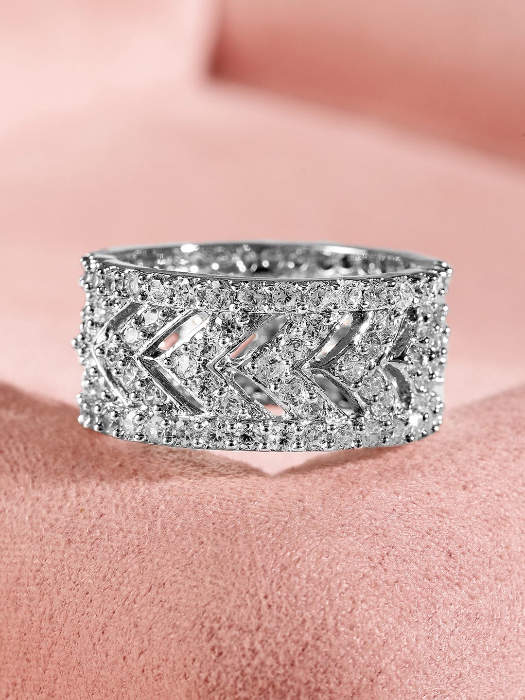 Rhodium Plated High Quality Cubic Zirconia Studded Finger Ring