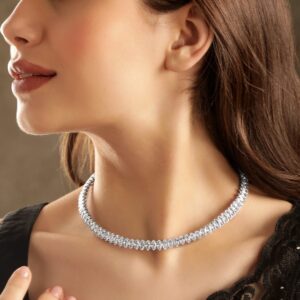 Rhodium Plated Korean Crystal studded Adjustable Choker necklace - Silver