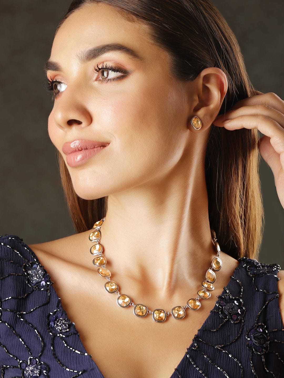 Rhodium Plated Light Gold Cubic Zirconia Gemstone Statement Necklace - Silver