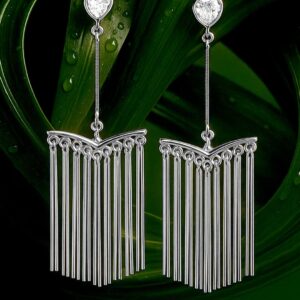 Rhodium Plated Long Fringe Drop Earrings with Crystal AD Studs and Tassel Accents - Silver