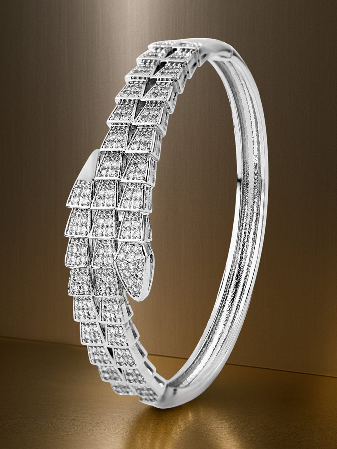 Rhodium-Plated Luxurious Pave-Set Cubic Zirconia Openable Bracelet - Silver