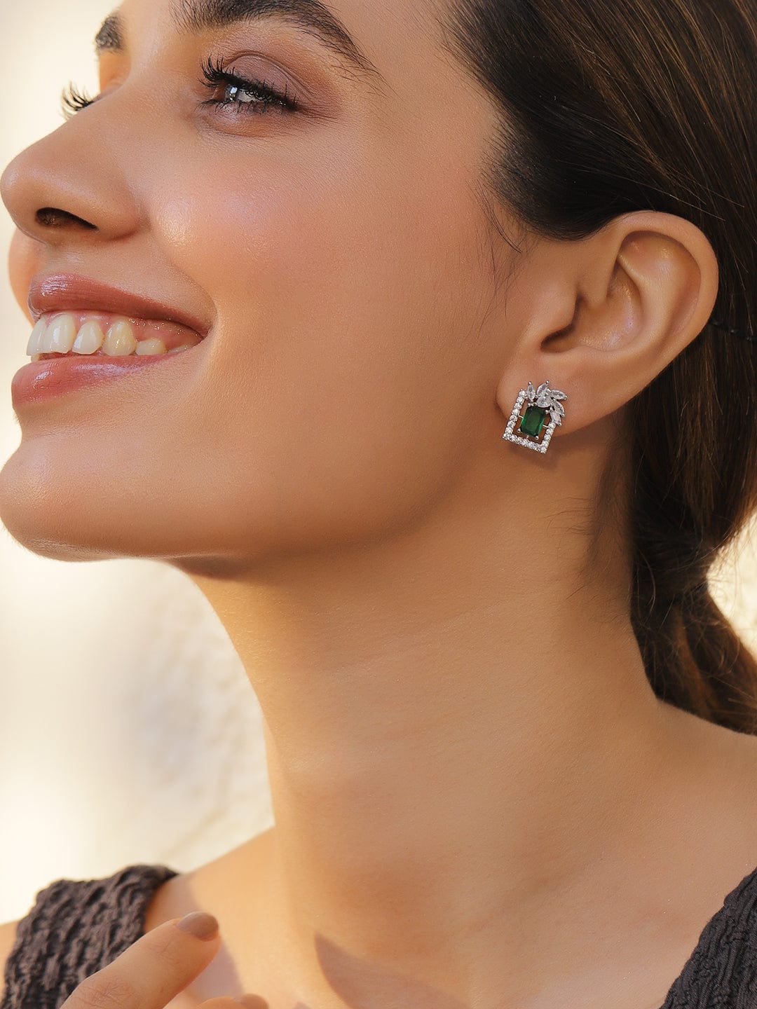 Rhodium Plated Luxury Premium Green Emerald and AAA Cubic Zirconia Stud Earrings - Silver