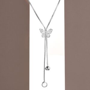 Rhodium Plated, Minimal Chain Butterfly Motif Zircons Studded Drop Necklace. - Silver