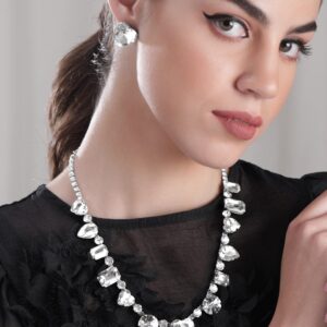 Rhodium Plated Multi Crystal Statement Necklace Set - Silver