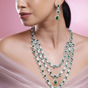 Rhodium-Plated Multi-Layer Emerald Green & Cubic Zirconia Studded Statement Necklace Set