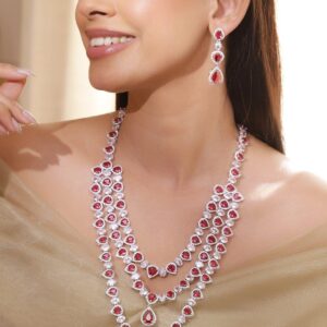 Rhodium-Plated Multi-Layer Ruby Red & Cubic Zirconia Studded Luxe Statement Necklace Set