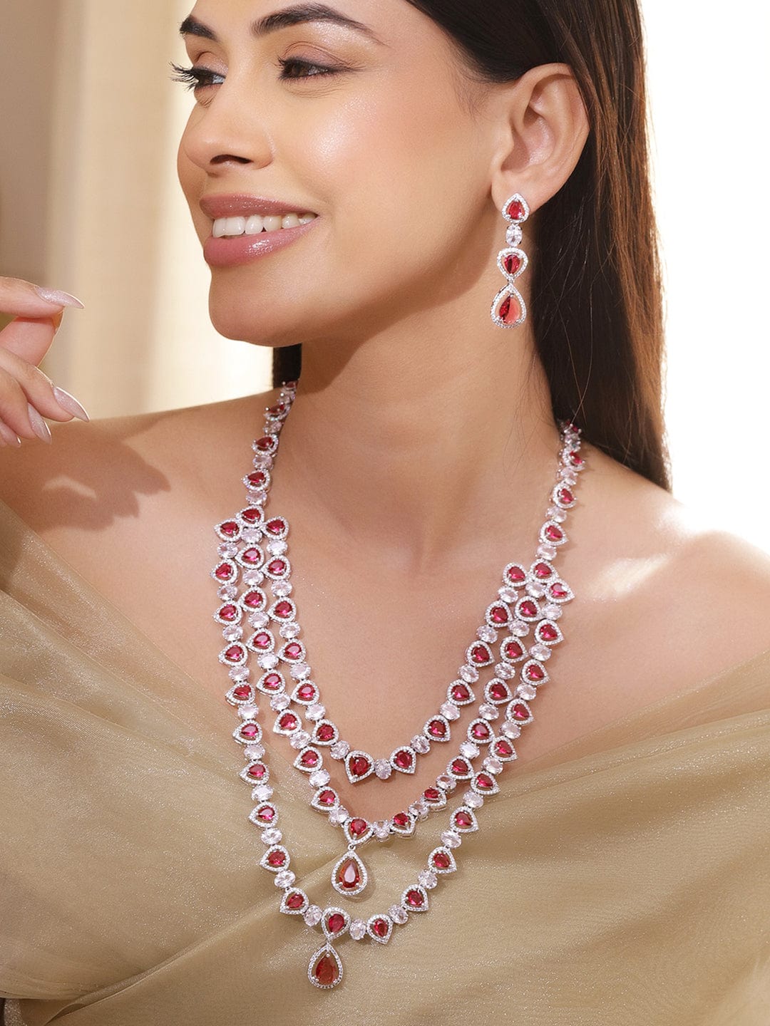 Rhodium-Plated Multi-Layer Ruby Red & Cubic Zirconia Studded Luxe Statement Necklace Set