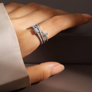 Rhodium-Plated Multi-Layered Cubic Zirconia Studded Openable Adjustable Ring - Silver