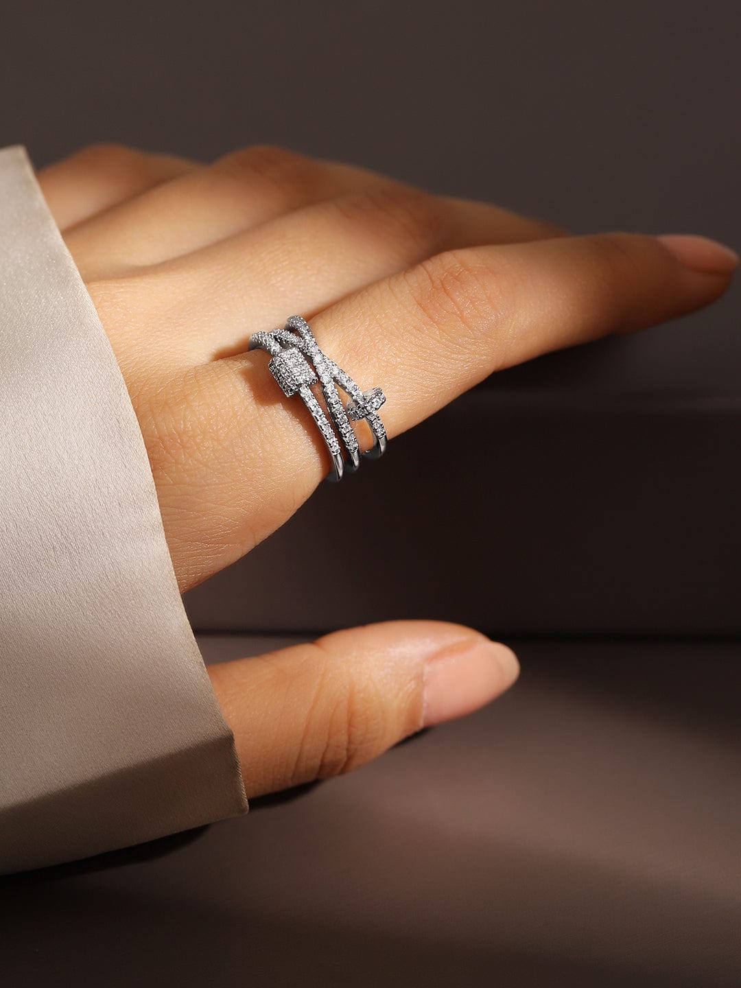 Rhodium-Plated Multi-Layered Cubic Zirconia Studded Openable Adjustable Ring - Silver