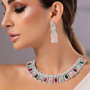 Rhodium-Plated Multicolor Gemstone & Cubic Zirconia Studded Statement Jewellery Set - Silver