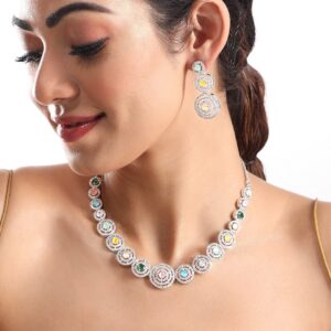 Rhodium Plated Multicoloured Zircons Studded Jewellery Set - Multicolor