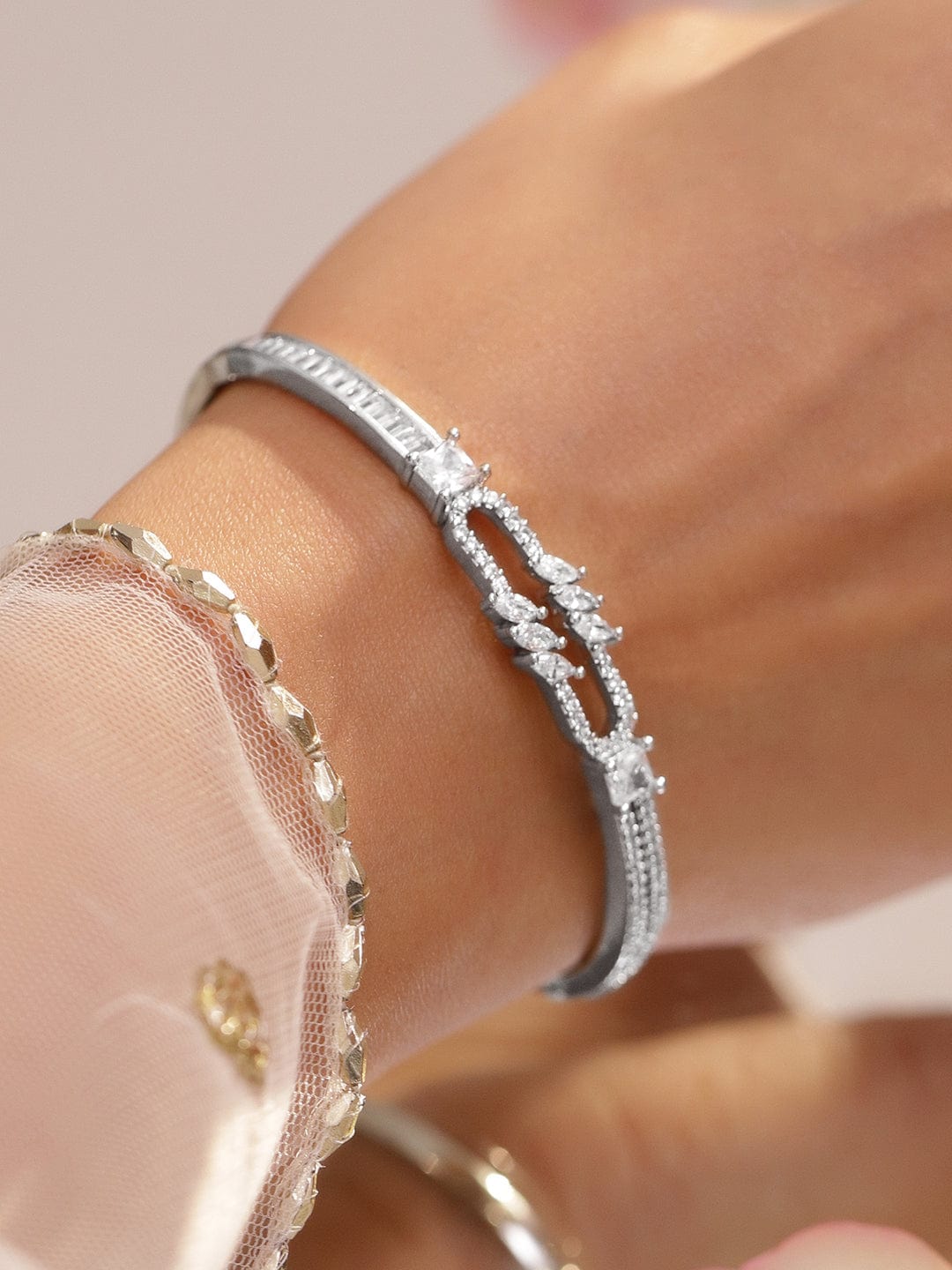 Rhodium-Plated Open-Link Bracelet with Marquise & Baguette Cubic Zirconia Accents