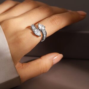Rhodium-Plated Openable Adjustable Ring with Pear-Cut & Baguette Cubic Zirconia - Silver