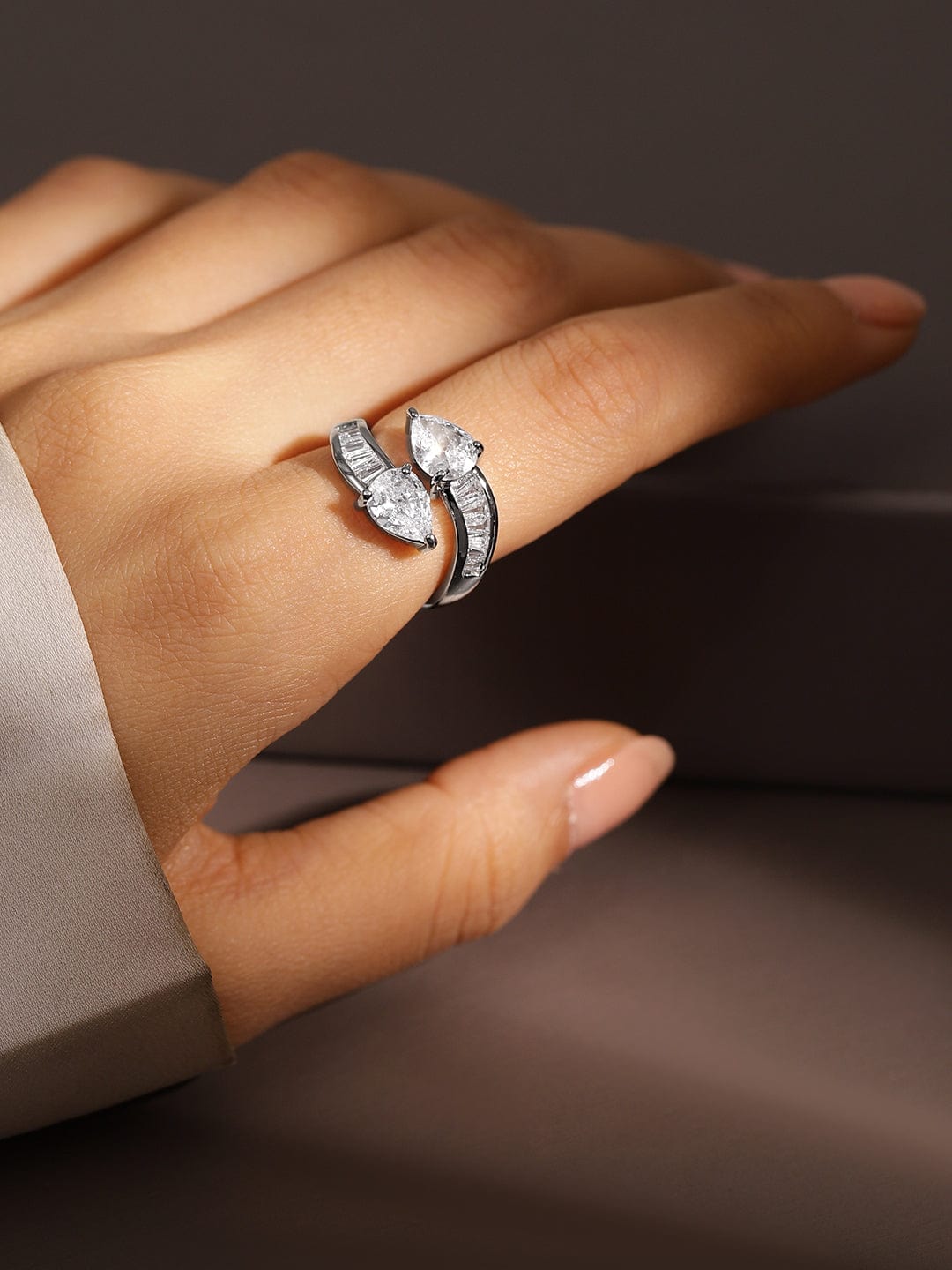 Rhodium-Plated Openable Adjustable Ring with Pear-Cut & Baguette Cubic Zirconia - Silver
