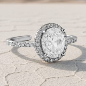 Rhodium-Plated Oval Cut Cubic Zirconia Studded Adjustable Finger Ring - Silver