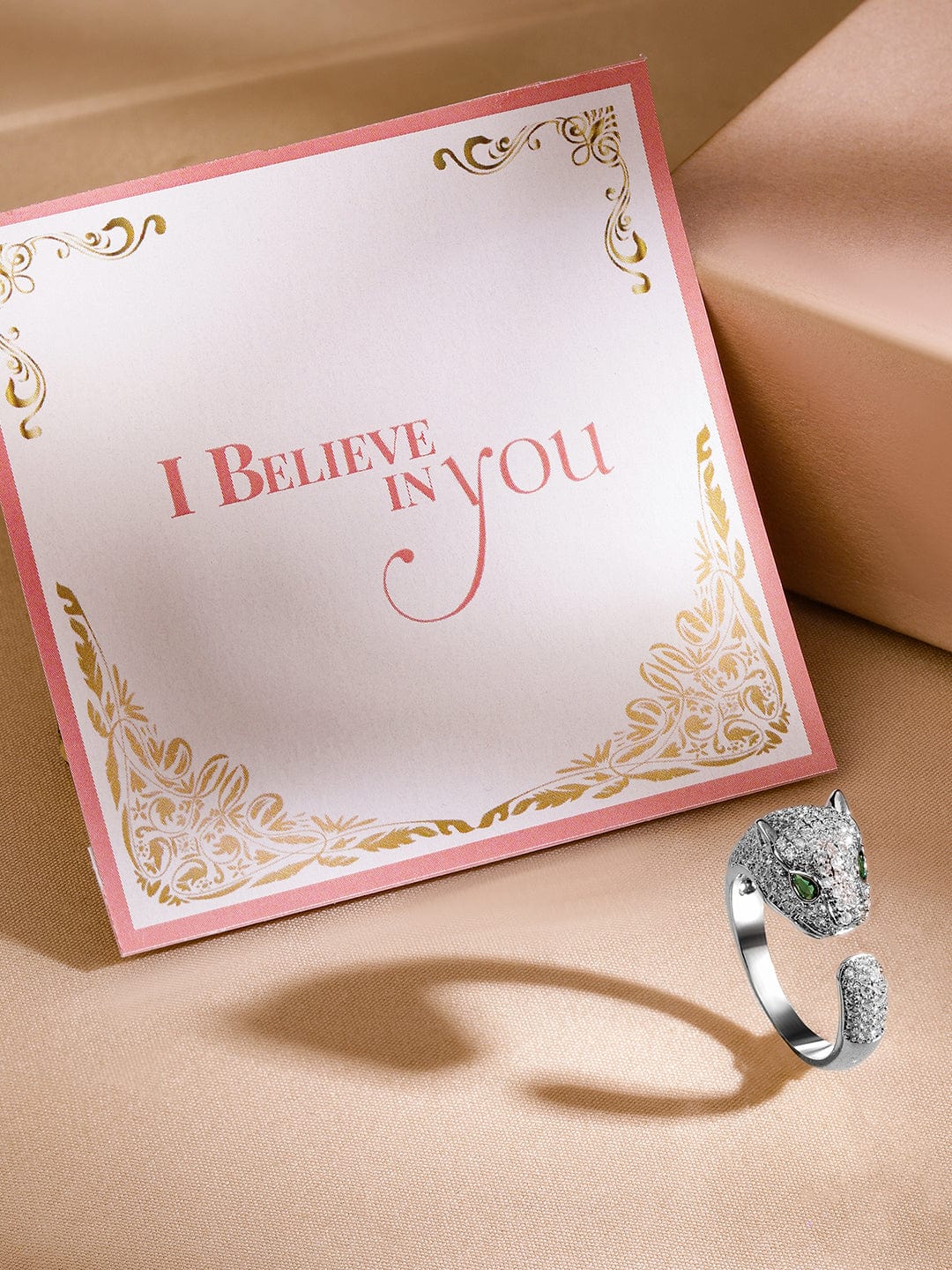 Rhodium Plated Panther Ring | Emerald & Cubic Zirconia Studded Statement Jewelry