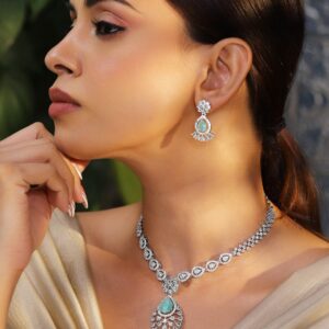 Rhodium-Plated Pastel Green AD & Cubic Zirconia Studded Necklace Set - Pastel Green