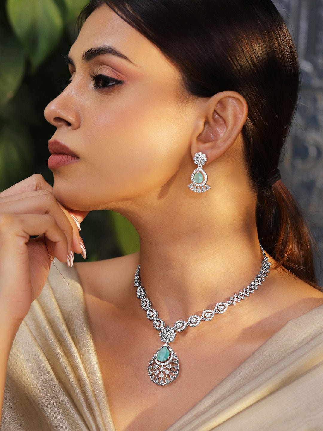 Rhodium-Plated Pastel Green AD & Cubic Zirconia Studded Necklace Set - Pastel Green