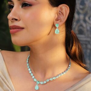 Rhodium-Plated Pastel Green AD & Cubic Zirconia Studded Necklace Set - Pastel Green