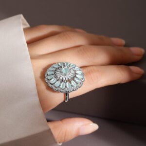 Rhodium-Plated Pastel Green & White Cubic Zirconia Studded Floral Adjustable Ring - Pastel Green & White
