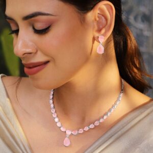 Rhodium-Plated Pastel Pink AD & Cubic Zirconia Studded Necklace Set - Pastel Pink