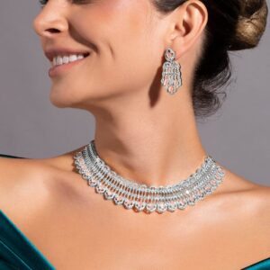 Rhodium-Plated Pastel Pink AD Stone & Cubic Zirconia Studded Choker Necklace Set - Silver