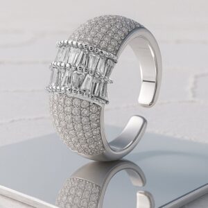 Rhodium Plated Pave & Baguette Cubic Zirconia Studded Adjustable Finger Ring - Silver